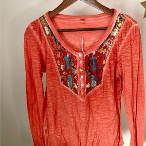 Free People Sequin Embellished Henley Top Orange Boho NWT Small